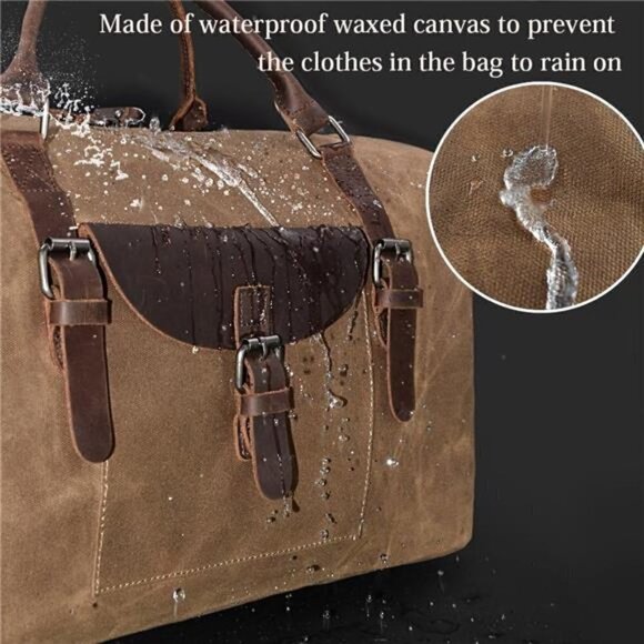Genuine Leather Oversized Travel Duffel Bag Waterproof Canvas Hand Bag Brown NEW - Picture 3 of 7